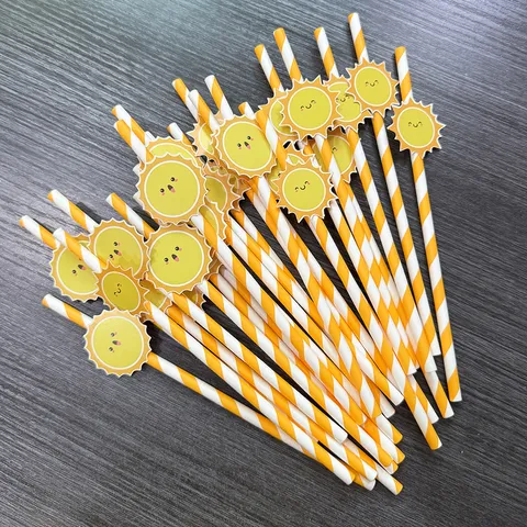 Creative Paper Drinking Straws With Smile Card Insert Bright Orange Striped Straws For Party Dessert Table