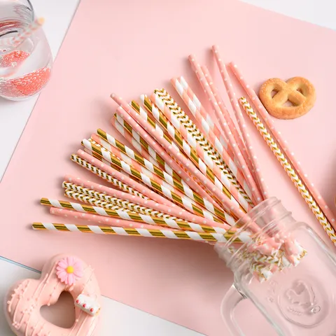 Disposable Paper Straws Biodegradable Gold Pink Striped Polka Dot Drinking Straws For Party Wedding Birthday Kitchen Decor