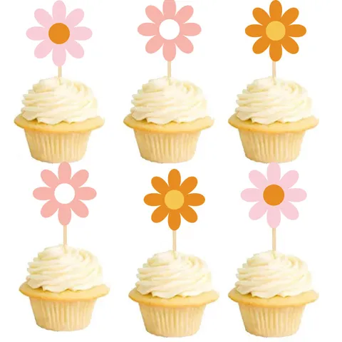 Cute Daisy Flower Cupcake Toppers Pink Orange White Floral Cake Insert Cards Party Baking Decoration Supplies