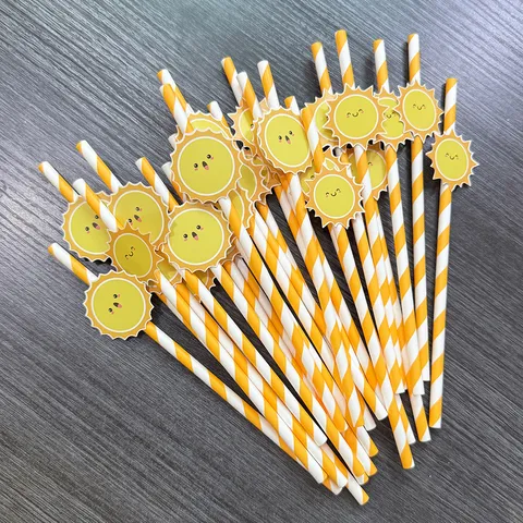 Creative Paper Drinking Straws With Smile Card Insert Bright Orange Striped Straws For Party Dessert Table