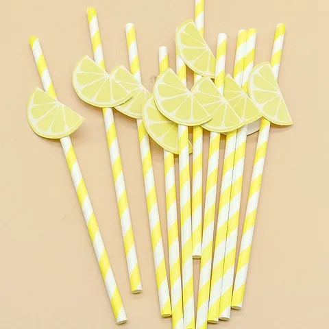 Disposable Biodegradable Paper Drinking Straws With Lemon Cutout Decoration Striped Straws For Party Baking Milk Tea Drinks