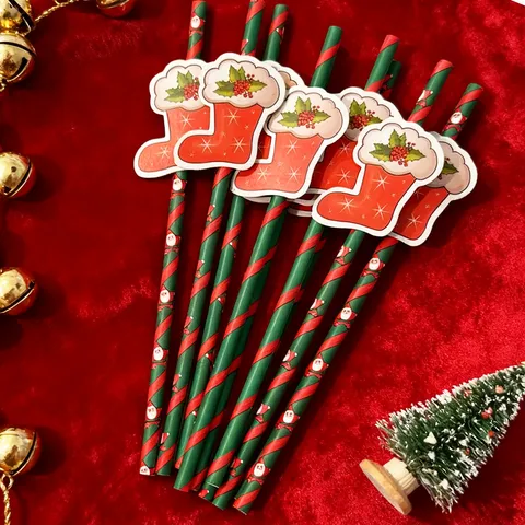 Christmas Decorative Paper Straws With Cute Santa Claus Elk Bell Tree Stocking Cardboard Holiday Party Drink Accessories