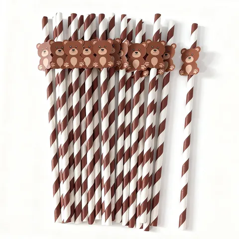 Creative Party Paper Straws With Cute Bear Card Decors Brown White Striped Drinking Straws For Birthday Wedding Celebration