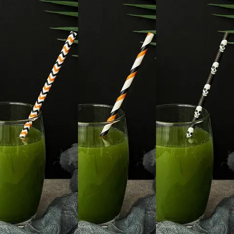Halloween Disposable Paper Drinking Straws Pumpkin Skull Pattern Party Dessert Decoration