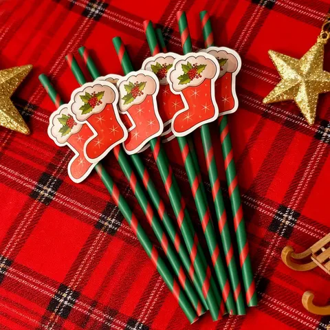 Christmas Decorative Paper Straws With Cute Santa Claus Elk Bell Tree Stocking Cardboard Holiday Party Drink Accessories