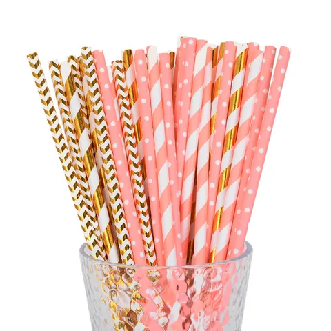 Disposable Paper Straws Biodegradable Gold Pink Striped Polka Dot Drinking Straws For Party Wedding Birthday Kitchen Decor