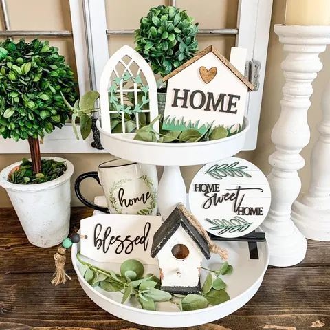 Farmhouse Tiered Tray Decor Wooden Sign Home Sign Mini Potted Plant Rustic Tabletop Ornament Home Decor Gift