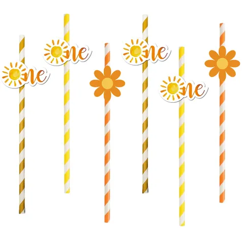 Biodegradable Disposable Paper Straws With Sun Pattern Striped Drinking Straws For Birthday Party Cake Baking Supplies