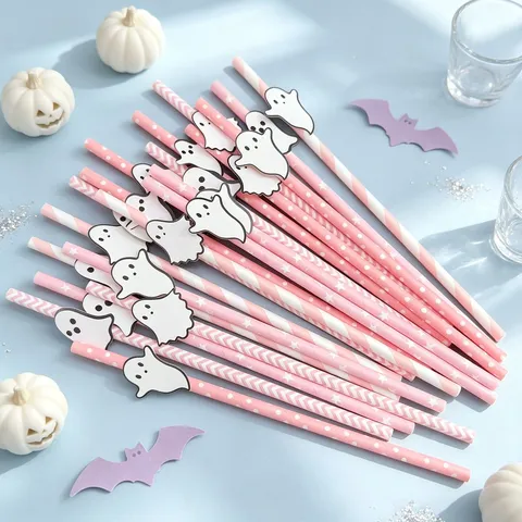 Halloween Paper Straws With Ghost Card Cutouts Pink Striped Disposable Drinking Straws For Party Dessert Table Decor