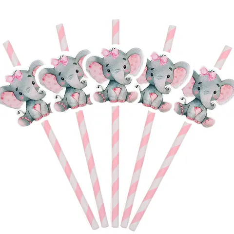 Animal Theme Elephant Paper Straws And Cake Topper Party Decorations Cute Watercolor Elephant Design For Kids Birthday Party