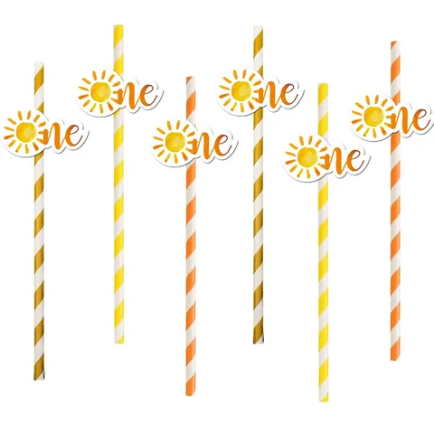 Biodegradable Disposable Paper Straws With Sun Pattern Striped Drinking Straws For Birthday Party Cake Baking Supplies
