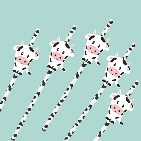Disposable Paper Drinking Straws With Cute Cow Animal Decor Biodegradable Party Tableware Supplies For Birthday Wedding