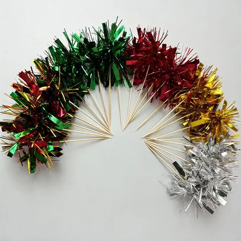 Creative Firework Cake Toppers Colorful Tinsel Decorative Picks Festive Party Dessert Cupcake Decors Bamboo Plastic
