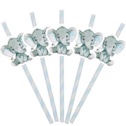 Animal Theme Elephant Paper Straws And Cake Topper Party Decorations Cute Watercolor Elephant Design For Kids Birthday Party