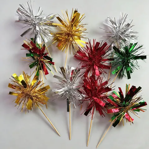 Creative Firework Cake Toppers Colorful Tinsel Decorative Picks Festive Party Dessert Cupcake Decors Bamboo Plastic