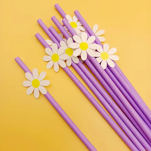 Creative Party Paper Straws With White Daisy Flower Card Decoration Drinking Straws For Daily Drink