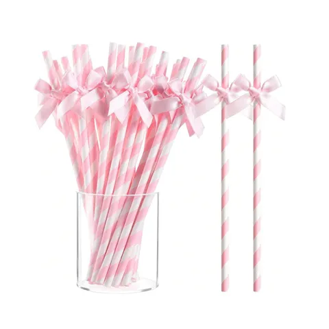 Creative Striped Paper Drinking Straws With Fabric Bow Party Decor Dessert Table Birthday Party Supplies