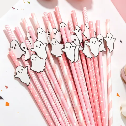 Halloween Paper Straws With Ghost Card Cutouts Pink Striped Disposable Drinking Straws For Party Dessert Table Decor