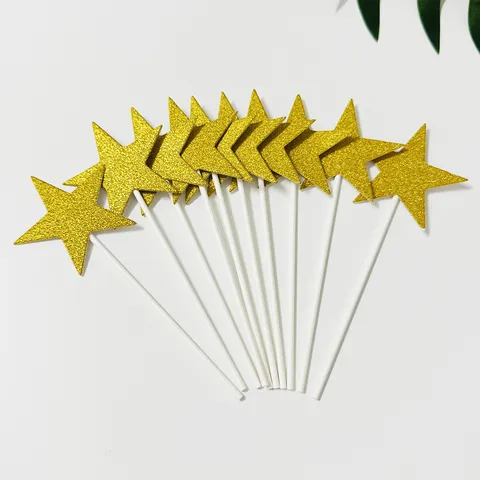 Glitter Gold Five Pointed Star Cake Toppers Paper Stick Dessert Cupcake Topper For Birthday Party Baking Decoration