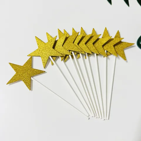 Glitter Gold Five Pointed Star Cake Toppers Paper Stick Dessert Cupcake Topper For Birthday Party Baking Decoration