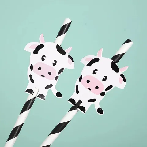 Disposable Paper Drinking Straws With Cute Cow Animal Decor Biodegradable Party Tableware Supplies For Birthday Wedding