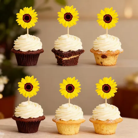 Sunflower Cake Toppers Cupcake Picks Sunflower Floral Dessert Decorations Baking Party Supplies