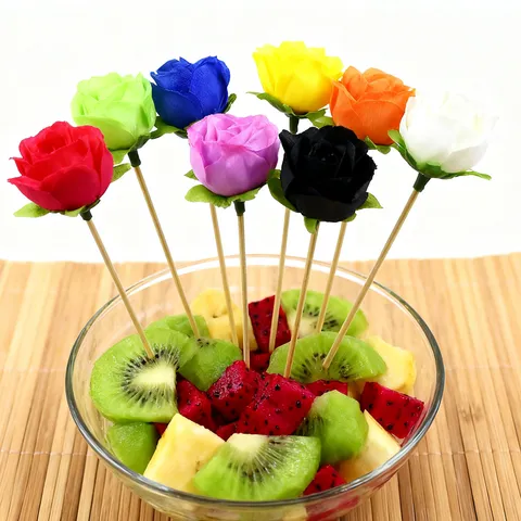 Houten Decoratieve Rozenbloem Fruitprikkers Cocktailprikkers Kunstbloem Dessert Voedselprikkers Voor Feest Bar
