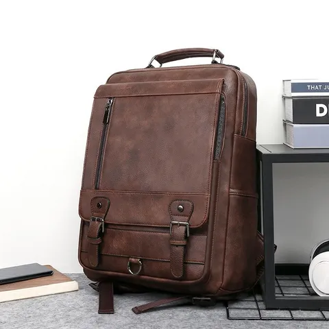 Men Business Casual PU Leather Backpack Large Capacity Commuter School Bookbag Laptop Bag With USB Charging Port