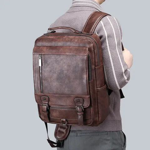 Men Business Casual PU Leather Backpack Large Capacity Commuter School Bookbag Laptop Bag With USB Charging Port