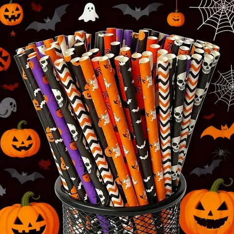Halloween Paper Straws Disposable Biodegradable Drinking Straws Mixed Pattern Skull Pumpkin Party Supplies Eco-Friendly
