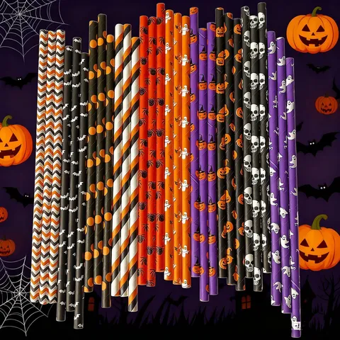 Halloween Paper Straws Disposable Biodegradable Drinking Straws Mixed Pattern Skull Pumpkin Party Supplies Eco-Friendly