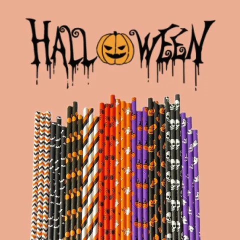 Halloween Disposable Paper Drinking Straws Pumpkin Skull Pattern Party Dessert Decoration
