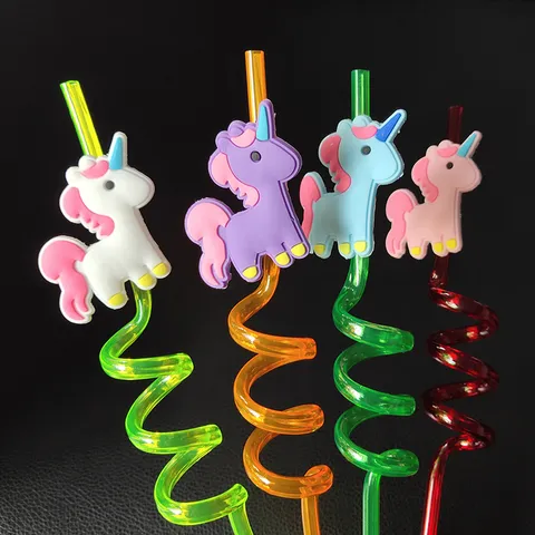 Creative PVC Drinking Straws Cartoon Fruit Unicorn Flamingo Animal Decor Reusable Spiral Straws For Party