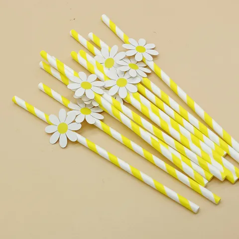 Creative Party Paper Straws With Daisy Flower Decals Striped Biodegradable Drinking Straws For Birthday Wedding Supplies