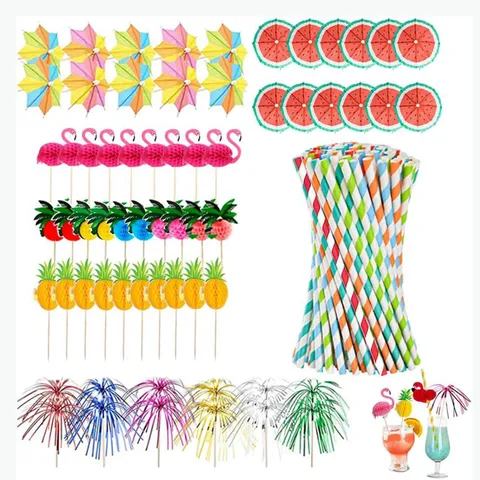 Hawaiian Luau Party Decorations Tropical Flamingo Pineapple Honeycomb Centerpieces Paper Straw Drink Picks Set