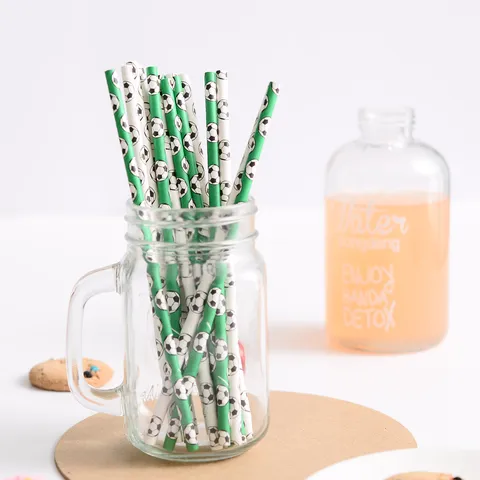 Biodegradable Paper Drinking Straws Soccer Pattern Disposable Straws For Party Wedding Kitchen Drinkware