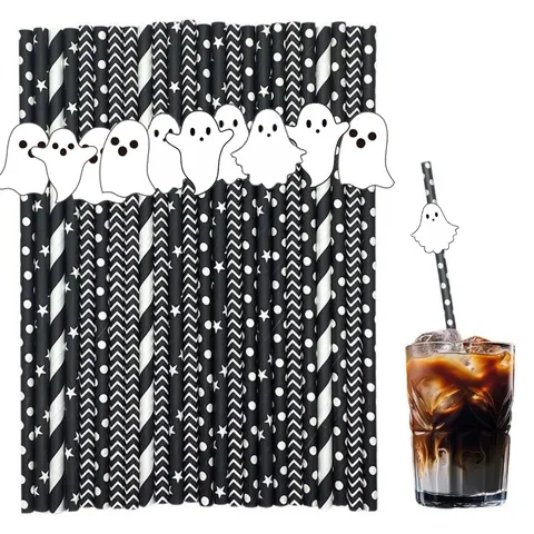 Halloween Paper Straws Ghost Decor Black And White Striped Wave Disposable Drinking Straws For Party Dessert Table Decoration Supplies