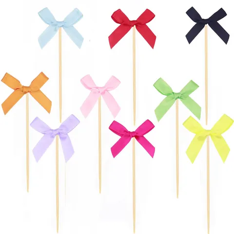 Fabric Bowknot Cake Toppers Wooden Sticks Dessert Cupcake Picks For Birthday Wedding Party Baking Decoration Supplies