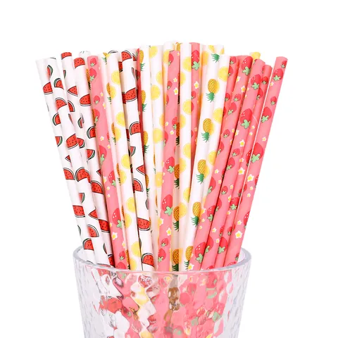 Eco Friendly Biodegradable Paper Drinking Straws Fruit Pattern Colorful Straws For Party Decor Daily Drinking