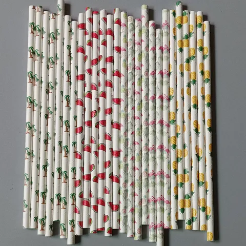 Disposable Paper Drinking Straws Tropical Hawaiian Flamingo Pineapple Printed Eco Friendly Biodegradable Party Straws