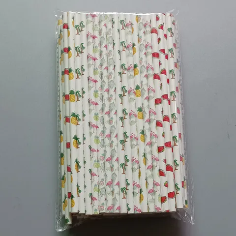 Disposable Paper Drinking Straws Tropical Hawaiian Flamingo Pineapple Printed Eco Friendly Biodegradable Party Straws