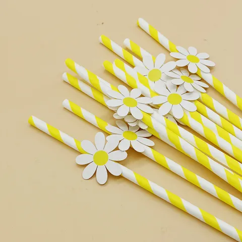 Creative Party Paper Straws With Daisy Flower Decals Striped Biodegradable Drinking Straws For Birthday Wedding Supplies