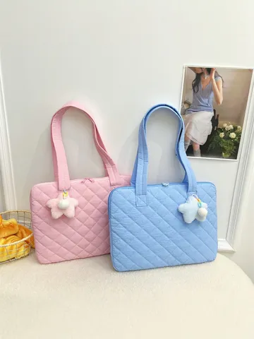 Korean Style Quilted Laptop Bag For Women Handheld Protective Sleeve With Cute Star Pendant Commuter Computer Bag