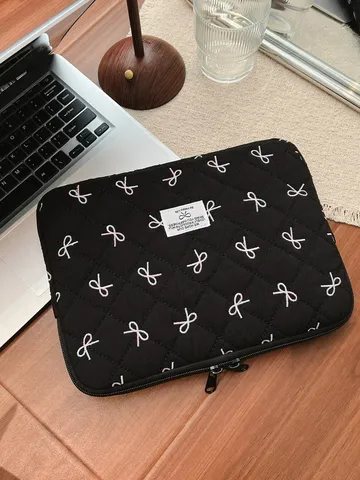 Korean Quilted Bowknot Embroidery Laptop Sleeve Tablet Bag Soft Plush Inner Handbag Zipper Carrying Case For Women