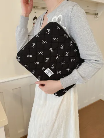 Korean Quilted Bowknot Embroidery Laptop Sleeve Tablet Bag Soft Plush Inner Handbag Zipper Carrying Case For Women