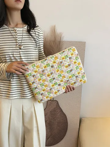 Bowknot Quilted Laptop Sleeve Tablet Protective Case Cute Grid Pouch Bag Women Daily Storage