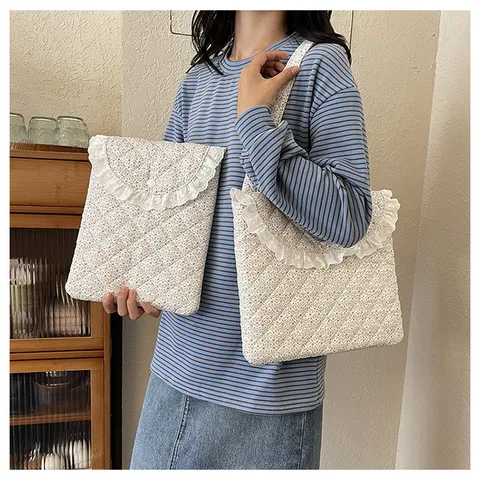 Korean Style Floral Quilted Laptop Bag Cute Lace Trim Tablet Sleeve Handbag Casual Commute Shoulder Bag For Women