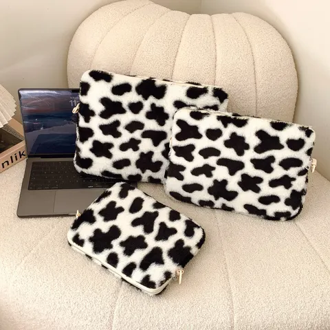 Leopard Print Plush Laptop Sleeve Women Soft Furry Computer Bag Digital Storage Shoulder Bag For Tablet
