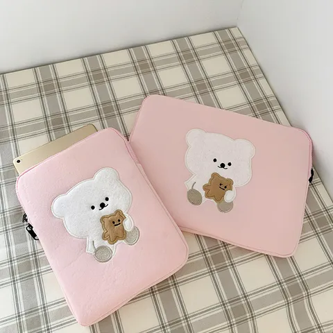Cute Bear Embroidery Laptop Sleeve Kawaii Pouch Soft Cotton Padded Tablet Storage Bag For Daily Commute And Travel