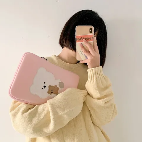 Cute Bear Embroidery Laptop Sleeve Kawaii Pouch Soft Cotton Padded Tablet Storage Bag For Daily Commute And Travel